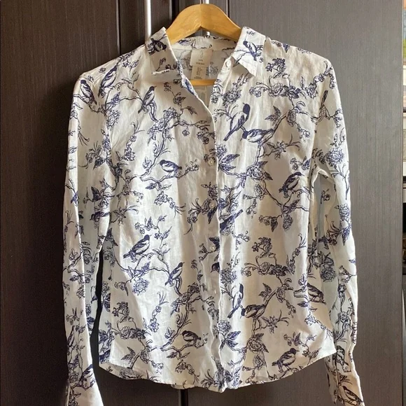 Joie women White and Blue Bird Print Shirt linen size S - Picture 1 of 4